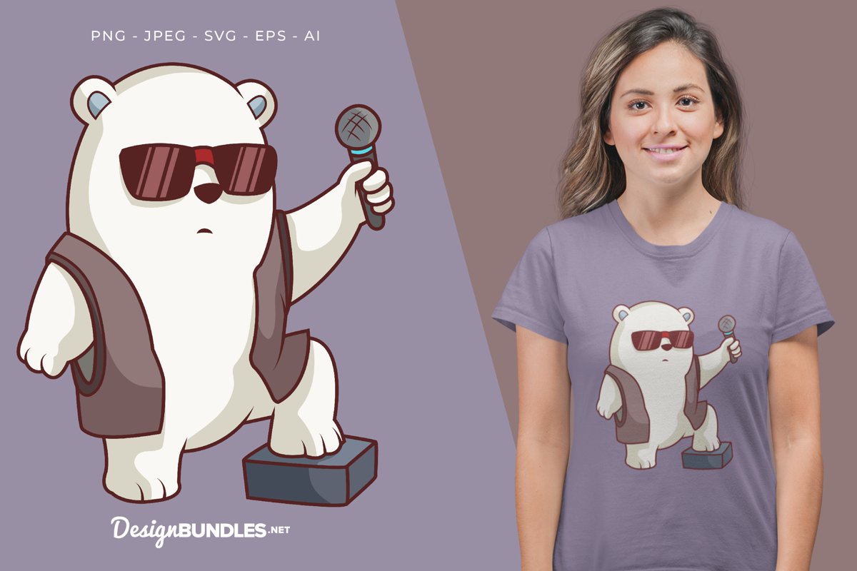 Polar Bear as Vocalist Illustration For T-Shirt Design example image 1