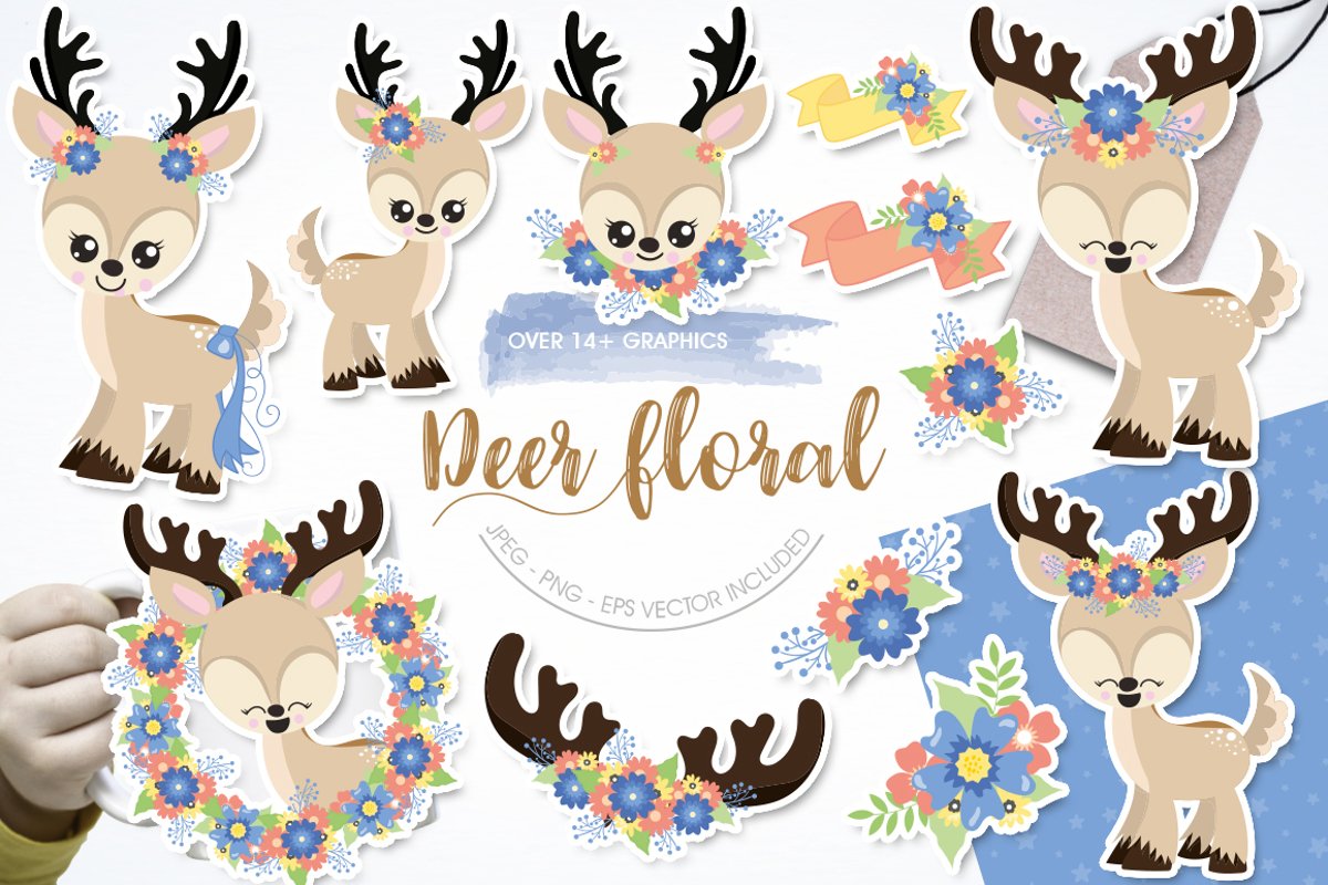 deer flowers antlers Graphics and illustrations, vector example image 1