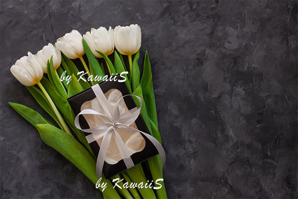 White tulip flowers and black gift box greeting card mockup example image 1