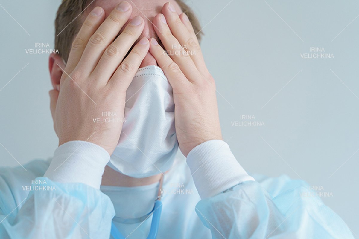 Doctor, patient in medical disposable hat, robe. Face mask example image 1