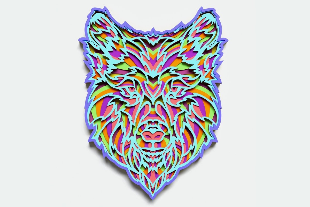 Multilayer Wolf Mandala, Vector file for cutting example image 1