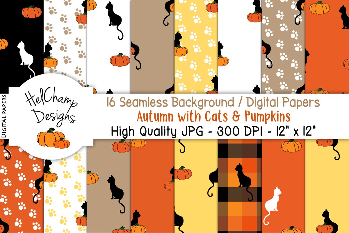 16 seamless Digital Papers - Autumn Cats Pumpkins - HC002 example image 1