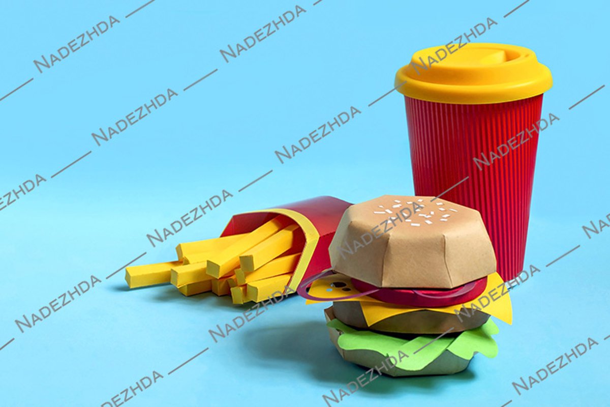 Hamburger, french fries and drink in glass made of paper example image 1