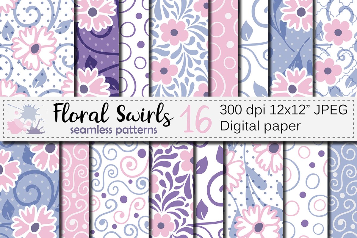 Floral swirls blue, pink, purple seamless digital paper example image 1