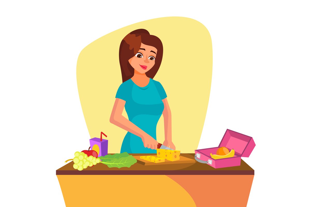 Lunch Box Vector. Young Woman Making Lunch In The Morning. example image 1