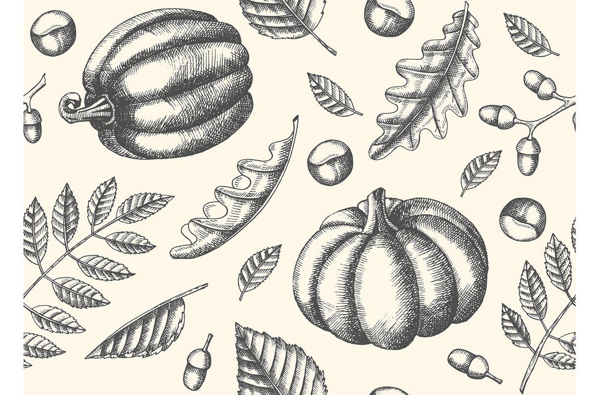 Seamless pattern with Hand drawn leaves and pumpkins. example image 1