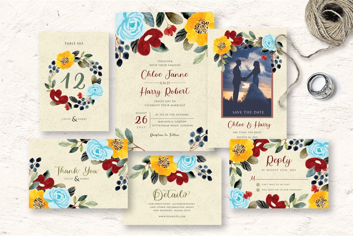 Beautiful Flower Wedding Invitation Set example image 1