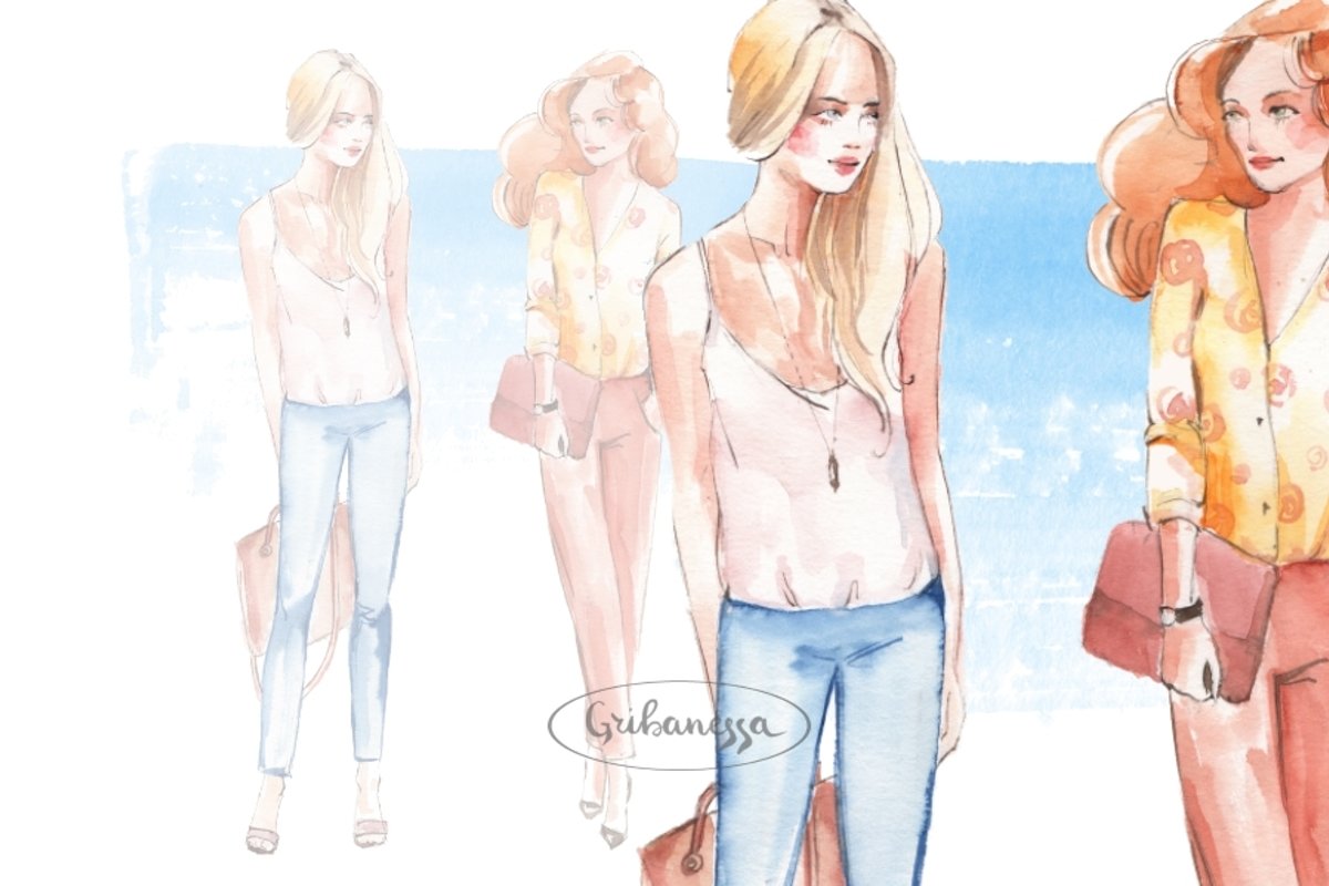 Fashion girls. Watercolor example image 1