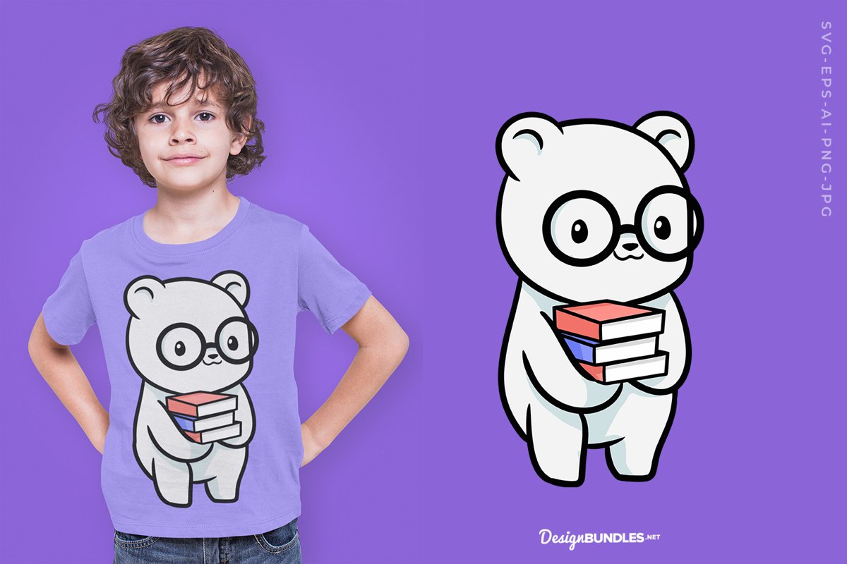Cute bear holding books T-Shirt Design example image 1