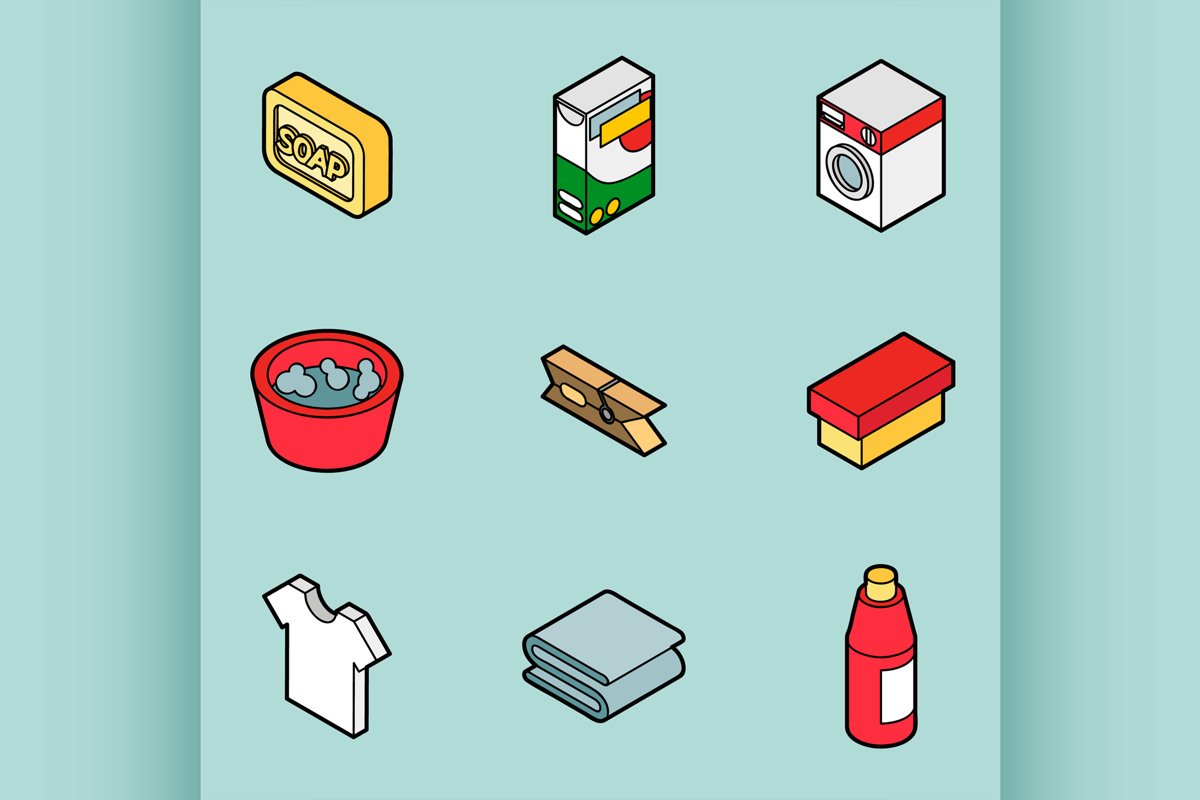 Laundry flat outline isometric icons example image 1