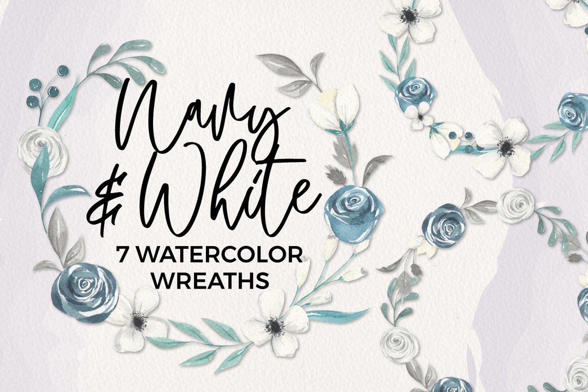 Navy & White 7 Wreaths Watercolor Blooms Garlands Florals example image 1