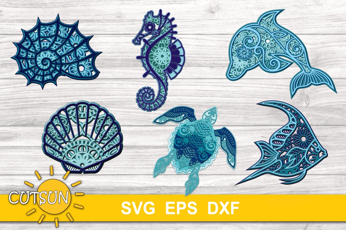 3D Layered Mandala Sea Creatures SVG Bundle example image 1