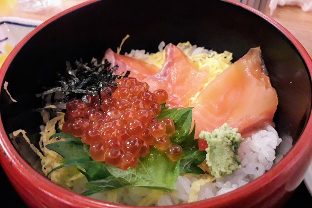 Food photos Lunch with Salmon Red caviar and rice on Okinawa example image 1