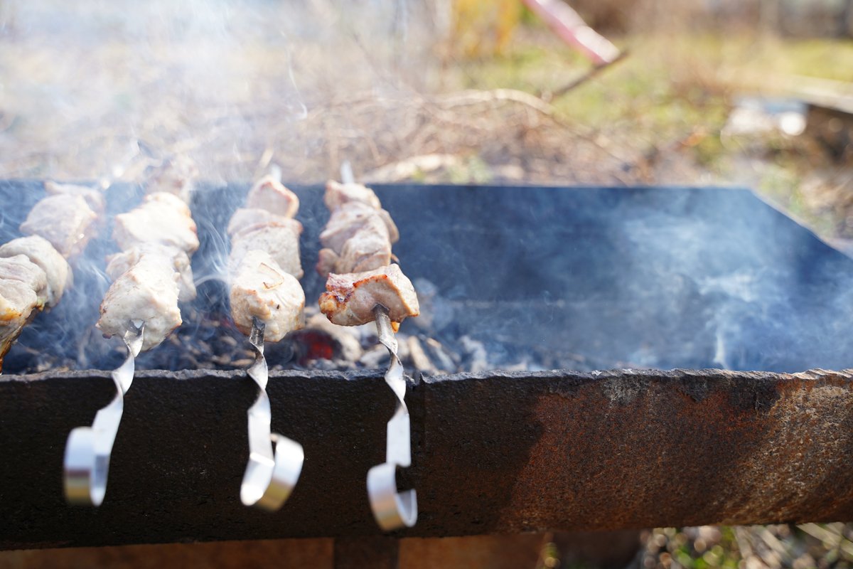 BBQ pork, beef meat, fried in barbecue. Grill on skewers example image 1