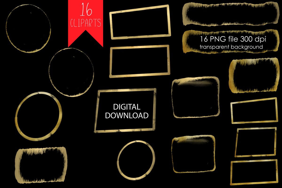 Gold Wreath Clipart PNG, Watercolor Geometric Frame example image 1