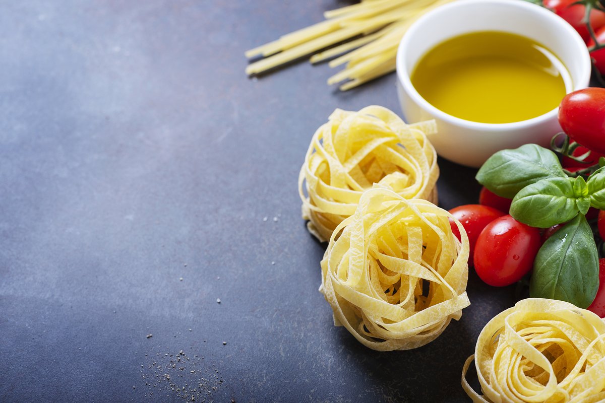Concept of Italian food with raw tagliatelle, tomato, basil, example image 1