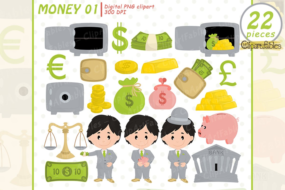 MONEY clipart, Cute piggy bank design, Banker caracters example image 1