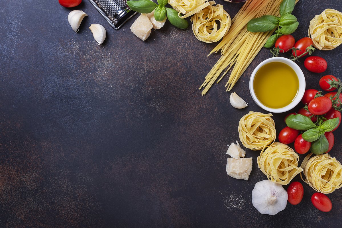 Top view image with a copy space of spaghetti, tagliatelle, example image 1
