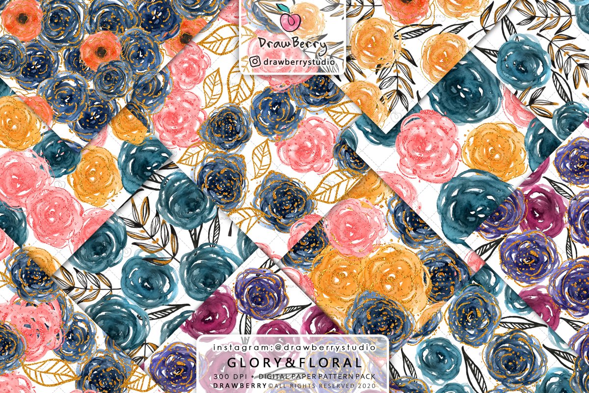 Watercolor Rose Digital Paper Pack example image 1