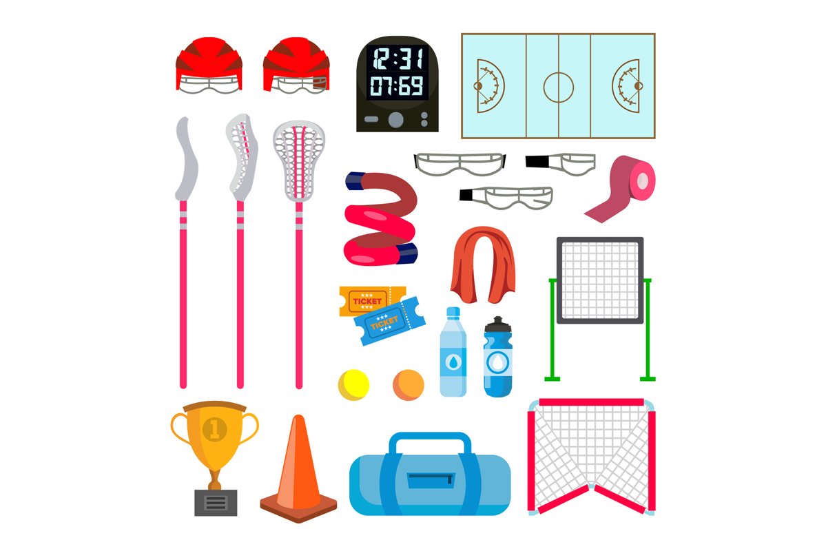 Lacrosse Icons Set Vector. Lacrosse Accessories. Gates, Net, example image 1