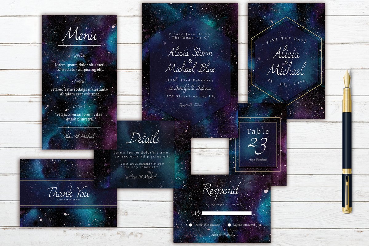 Colorful Cosmic In Space Watercolor Wedding Invitation Set example image 1