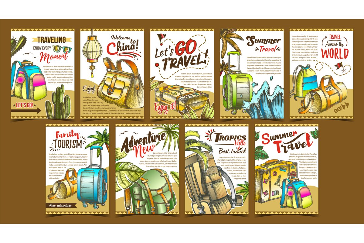 Tropic Summer Travel Collection Posters Set Vector example image 1