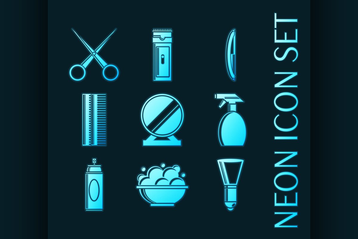 Set of Barbershop glowing style neon icons example image 1