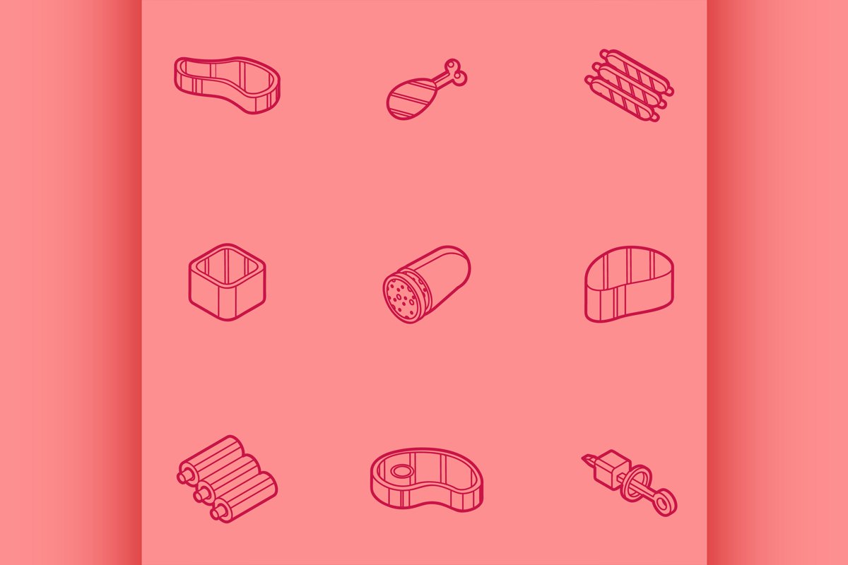 Meat color outline isometric icons example image 1