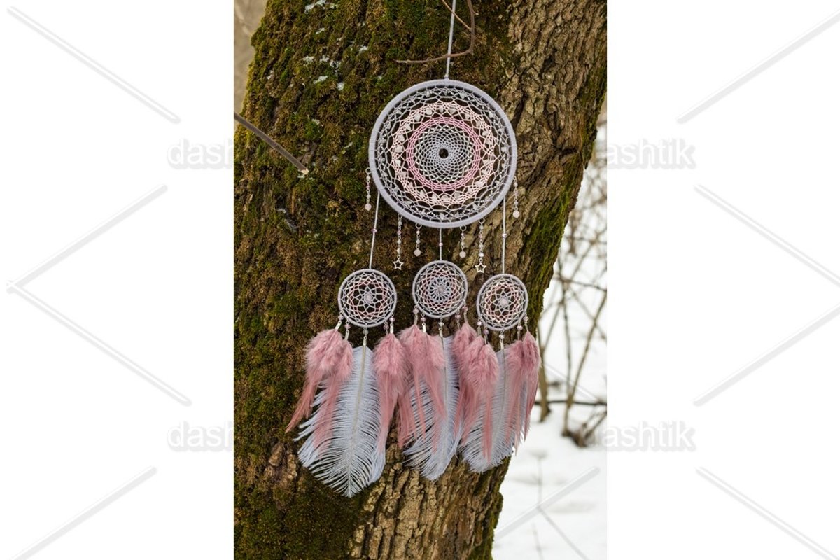 Dream catcher with feathers threads and beads rope hanging example image 1