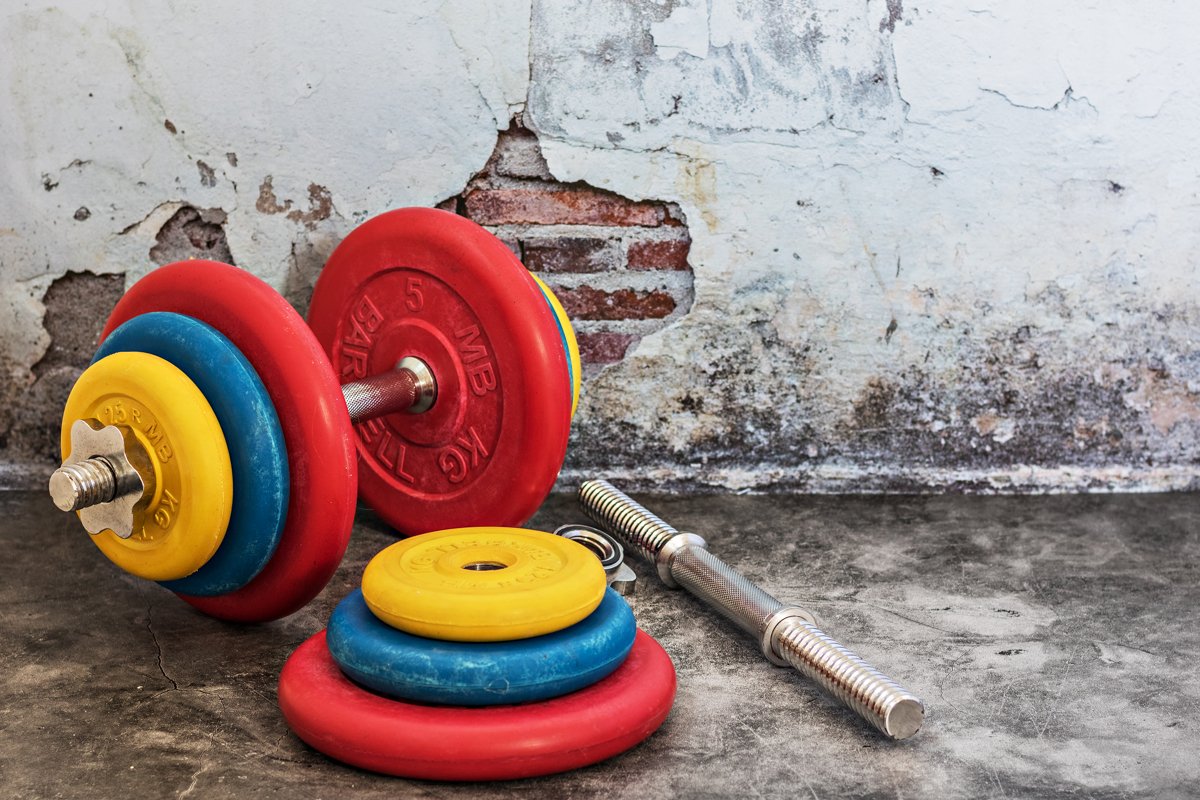 Professional dumbbells and multi-colored weight plates on a example image 1