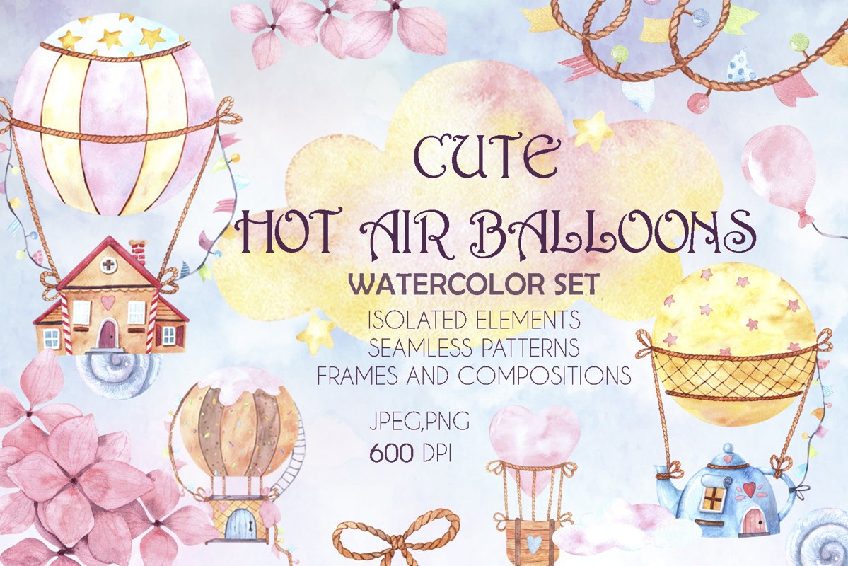 Cute hot air balloons watercolor set example image 1