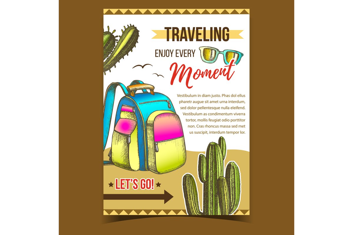 Traveling Backpack On Desert Sand Banner Vector example image 1