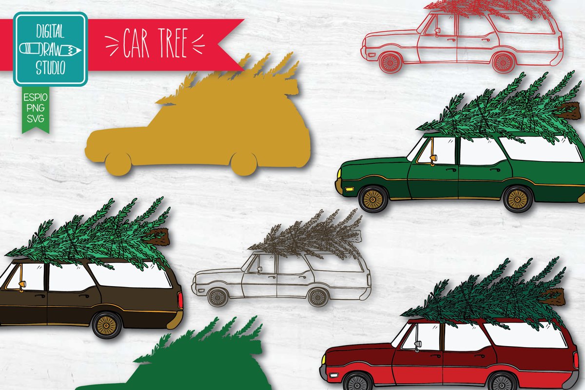Color Station Wagon Car Christmas | Tree on Roof Top Holiday example image 1