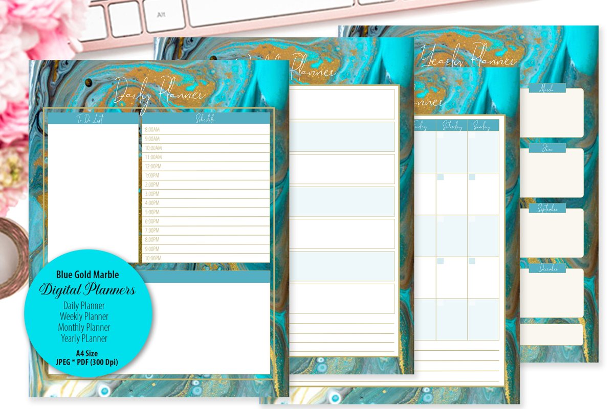 Blue Gold Marble Digital Planner example image 1