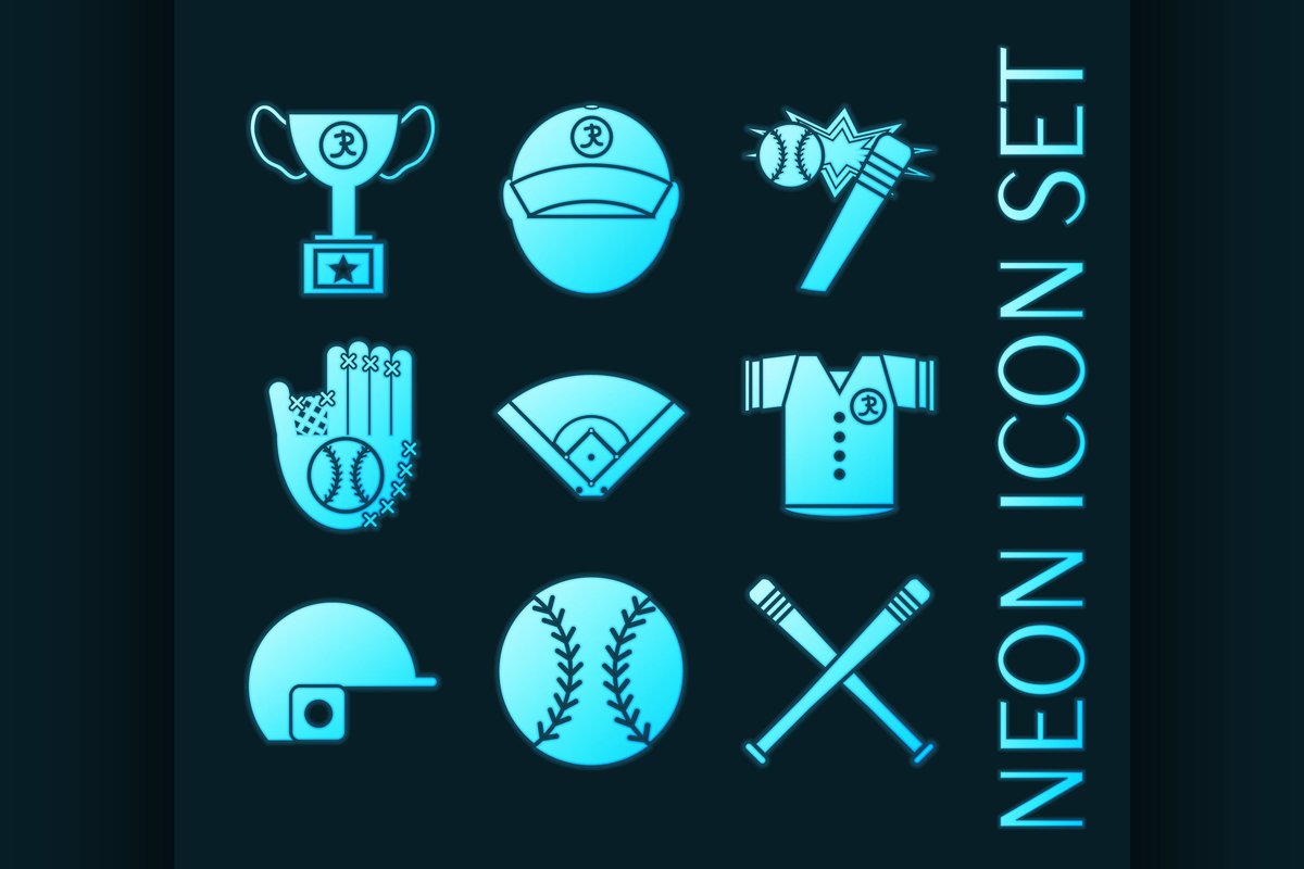 Set of Baseball glowing neon style icons example image 1