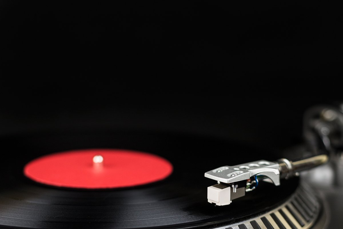 Professional party djs turntable on black background example image 1