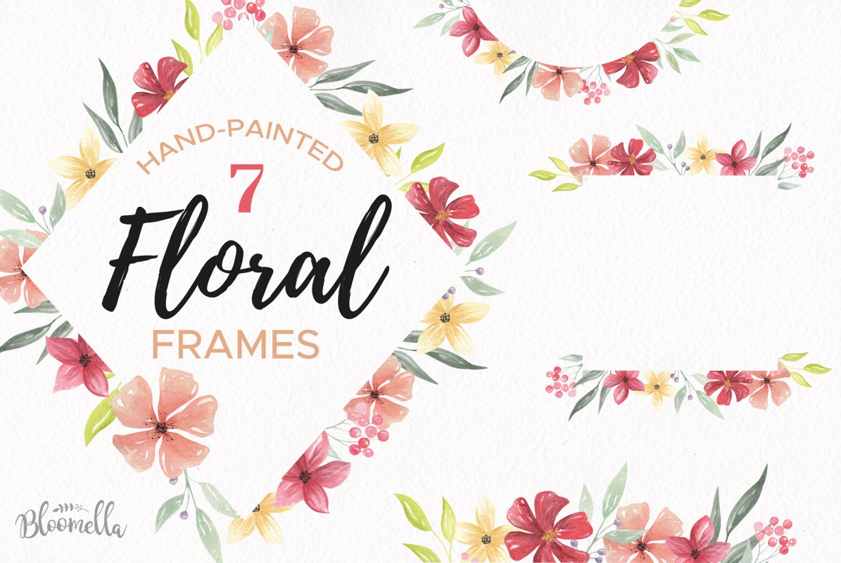 Watercolor Frames Borders Flowers Pink Red Set example image 1