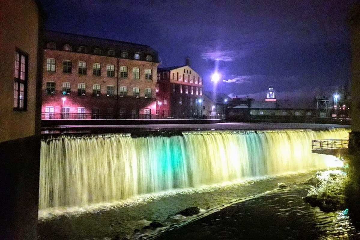 Waterfall in Industrial Landscape Night lights Norrköping example image 1