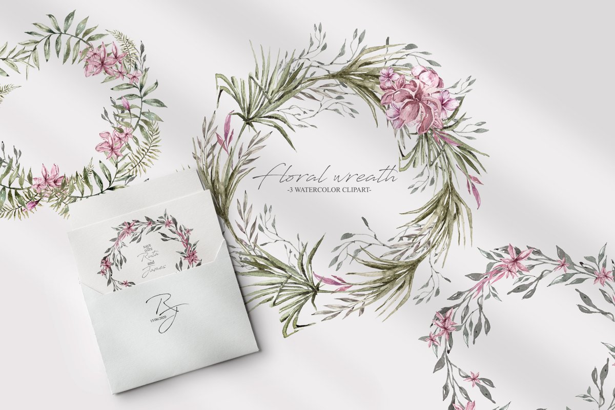 Watercolor floral wreath clipart. 3 Green wreaths example image 1