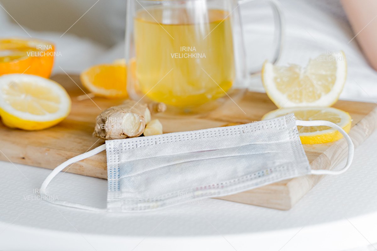 Cup of flu drugs, kids face mask. Tea, orange,lemon,ginger example image 1