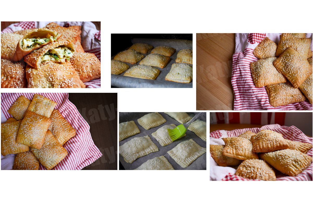 Set of 6 photos of puff pastry pies with sesame seeds on top example image 1