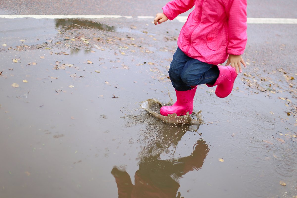 Girl in pink rubber boots jumps through puddle.Spring,autumn example image 1