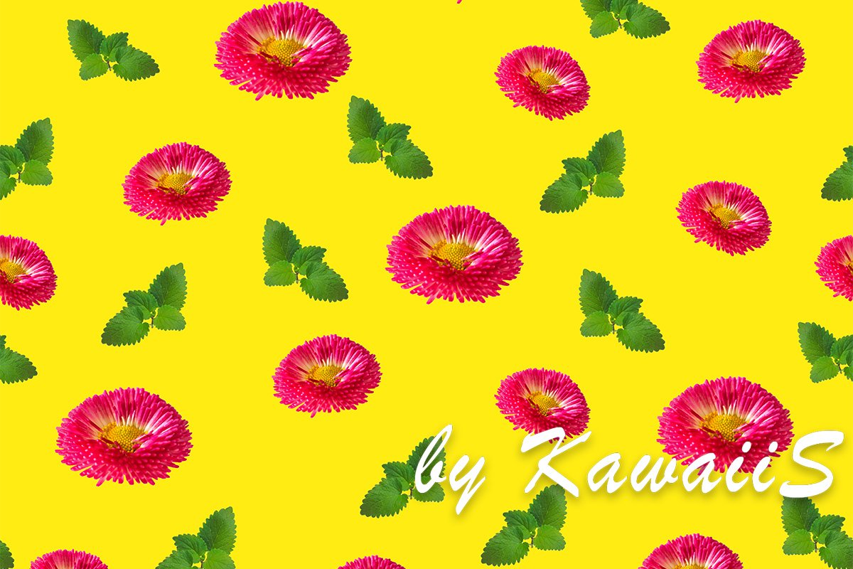 Pink daisy flowers with green leaves seamless pattern yellow example image 1