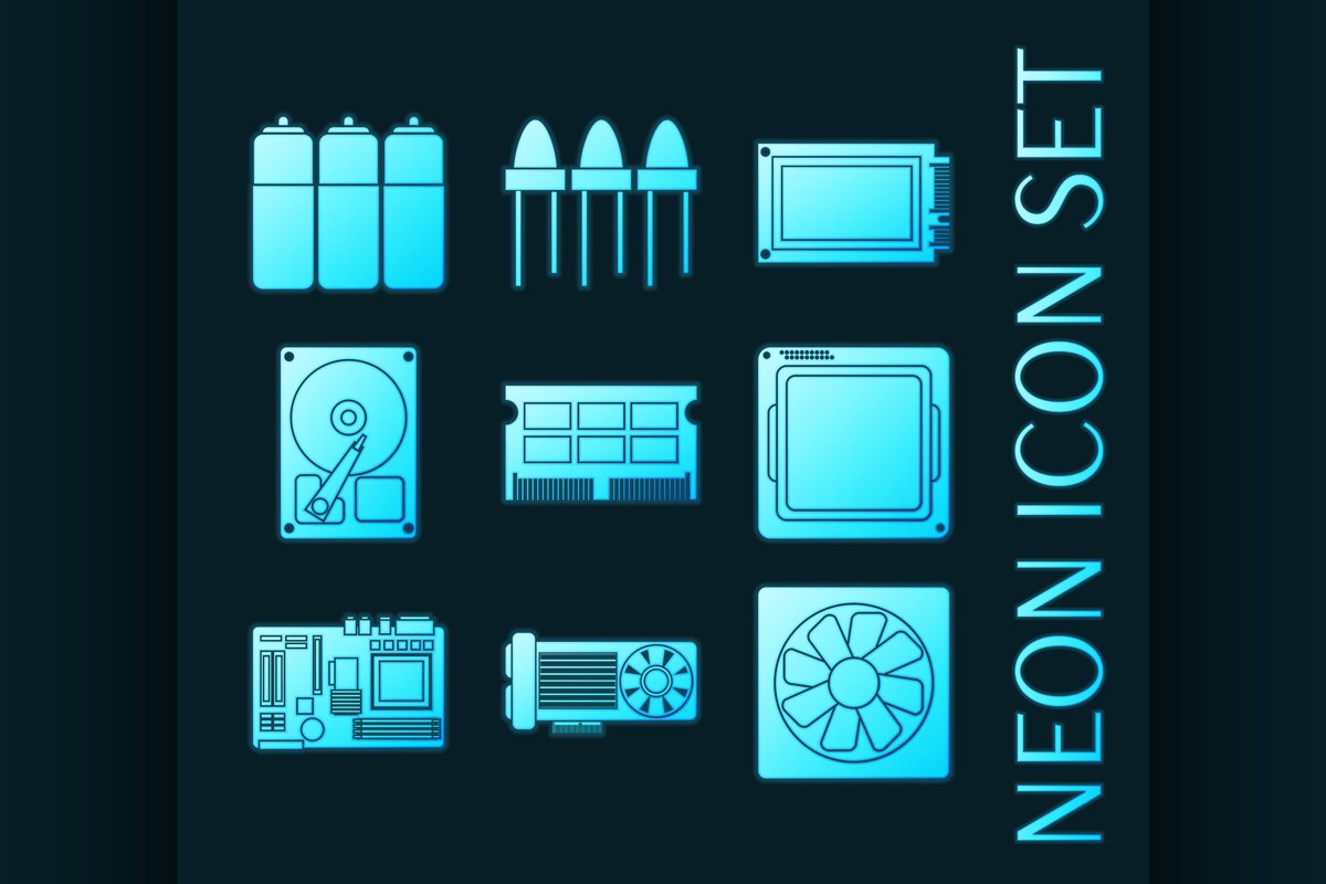 Set of electronic parts blue glowing neon icons example image 1