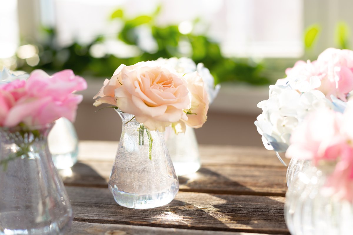 Blue hydrangea,pink sweet pea Lathyrus,roses in crystal vase example image 1