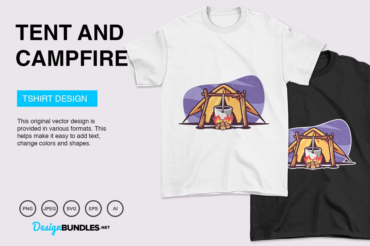 Tent and Campfire Vector Illustration For T-Shirt Design example image 1