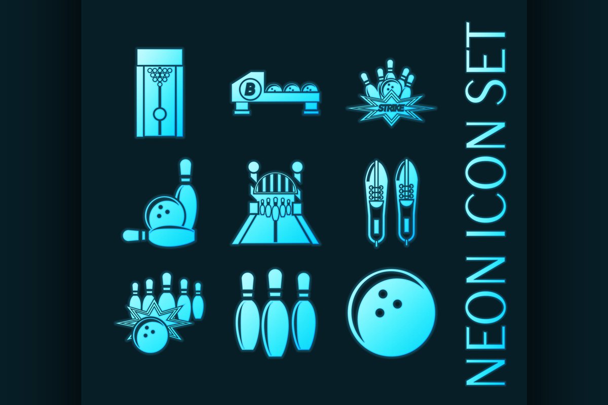 Set of Bowling glowing neon style icons example image 1