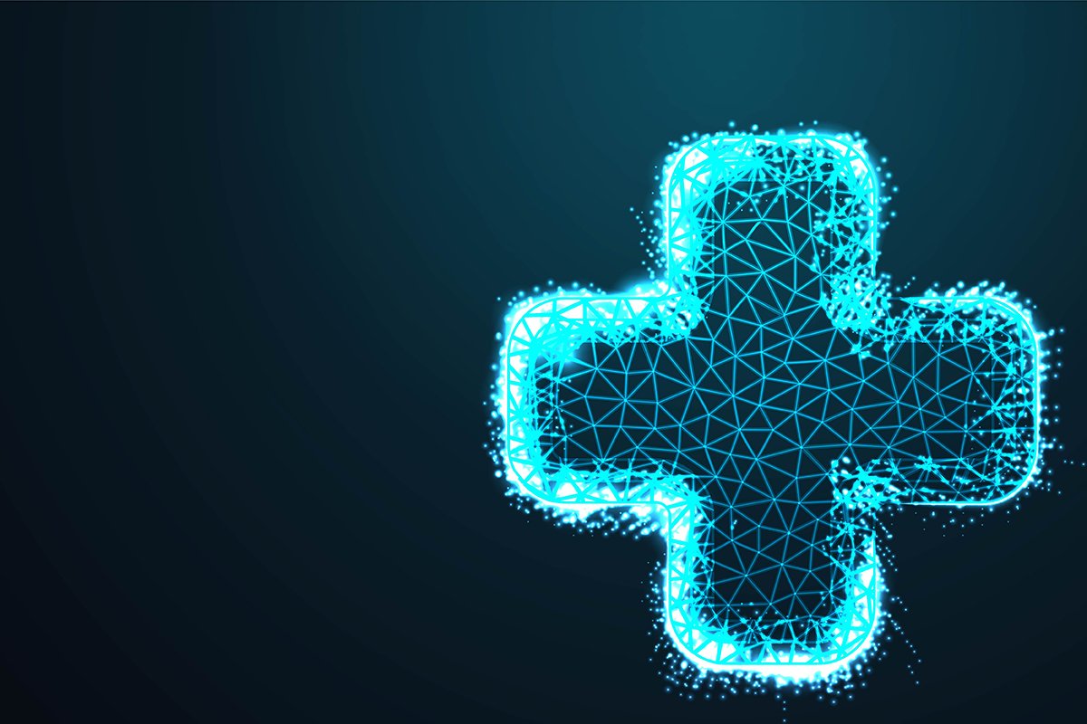 Medical health, crossed blue line polygonal, with crumbled e example image 1