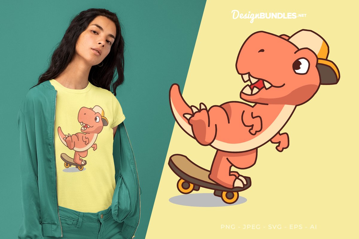 Skater Dino Vector Illustration For T-Shirt Design example image 1