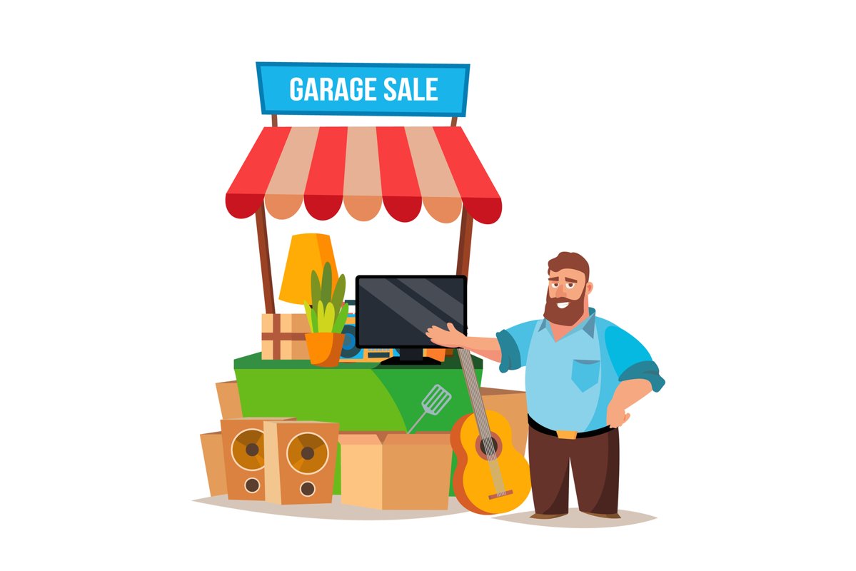 Yard Sale Vector. Man Having A Garage Sale. Isolated On example image 1
